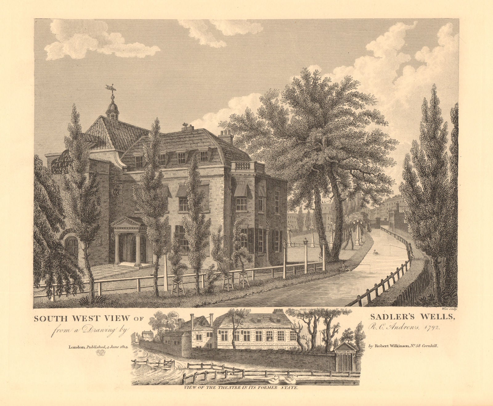 SADLER'S WELLS THEATRE, Clerkenwell. South west view. Earlier view 1834 print